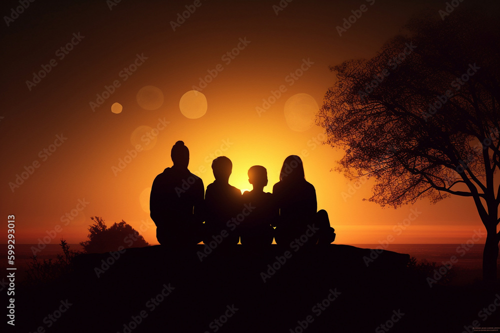 iluets of a happy family on the background of a colorful sunset. High quality photo Generative AI