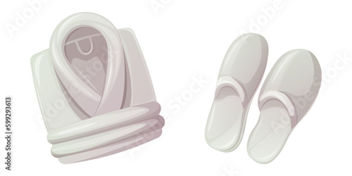 White folded bathrobe and slippers. Comfortable clothes for the spa, after taking a bath. Concept for self-care. Trendy vector illustration.