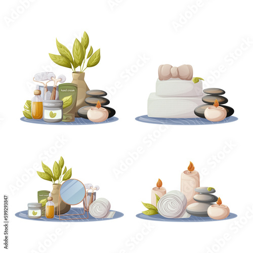 Set of items for self-care, face and body skin care. Candles, spa stones, towel, mirror, cream, oil serum, gua sha tools, headband. For massage, relaxation. Health and beauty. Vector illustration