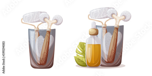 Set of glass cup with rollers and gua sha of natural stone, white agate, rose quartz for face and body massage. Bottle with a pipette with oil serum. Concept for skin care. Trendy vector illustration.