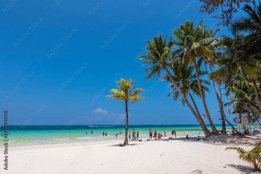 Boracay, Malay, Aklan, Philippines - April 2023: Station 2, part of White Beach in Boracay Island.