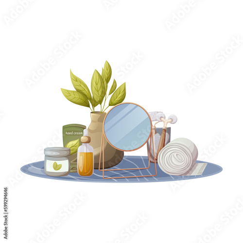 Accessories for self-care. Cream for body, face and hand, table mirror, glass cup with gua sha tools, oil serum, towel. Daily skin care. Health and beauty. Trendy vector illustration