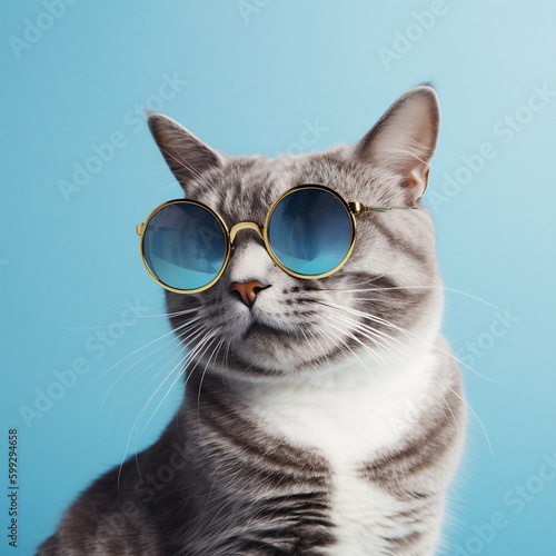 Fashion cat in sunglasses, blue background (generative AI)