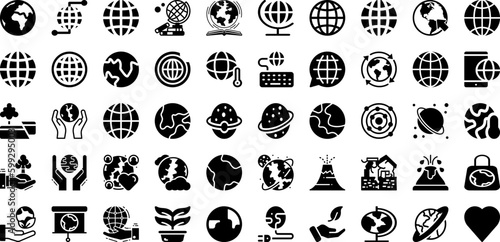 Earth Icon Set Isolated Silhouette Solid Icons With Globe, Map, Earth, Vector, Icon, World, Global Infographic Simple Vector Illustration