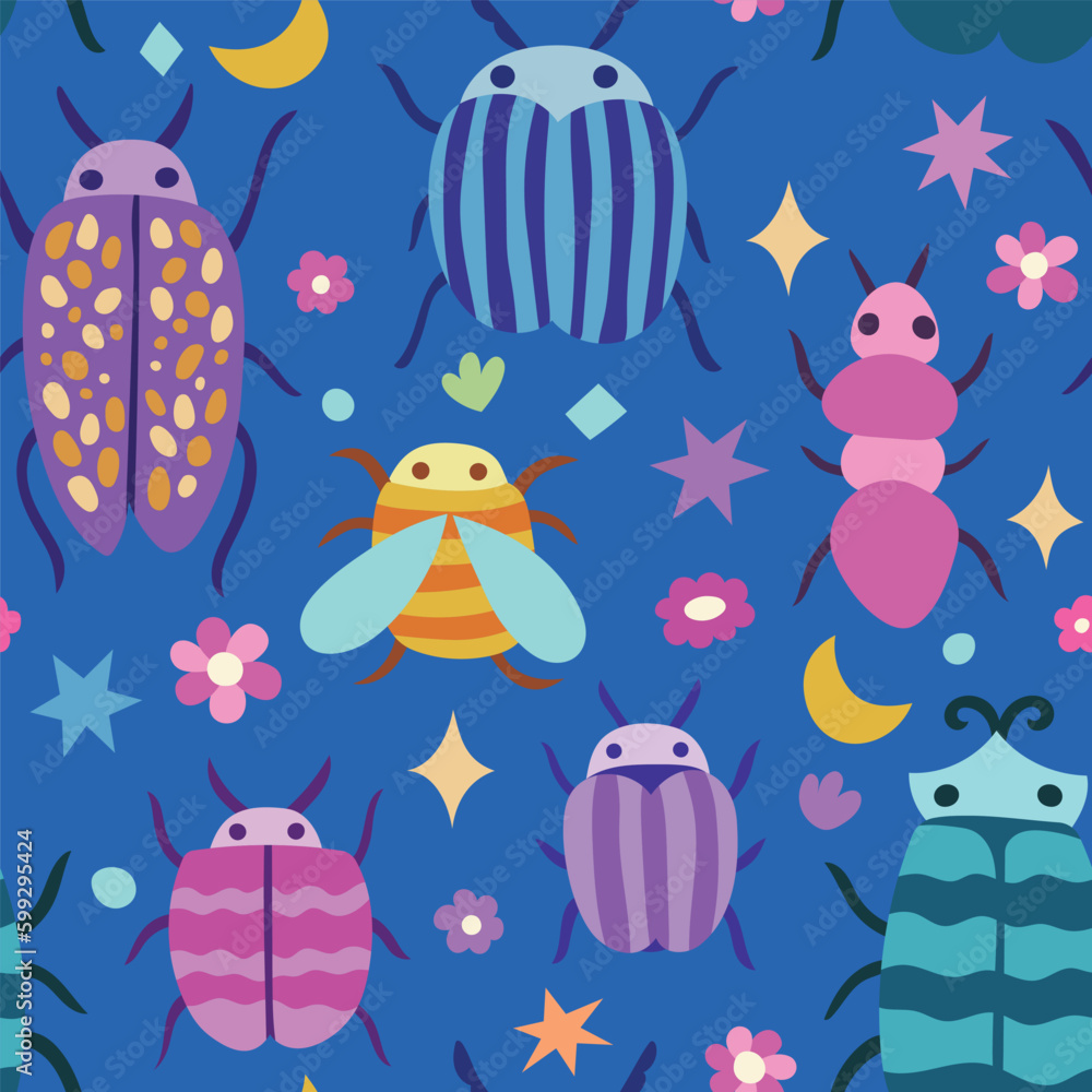 Cute seamless pattern with hand-drawn bugs and floral elements. Vector summer botanical background. Cute seamless pattern with hand-drawn bugs and floral elements. Vector summer botanical background.