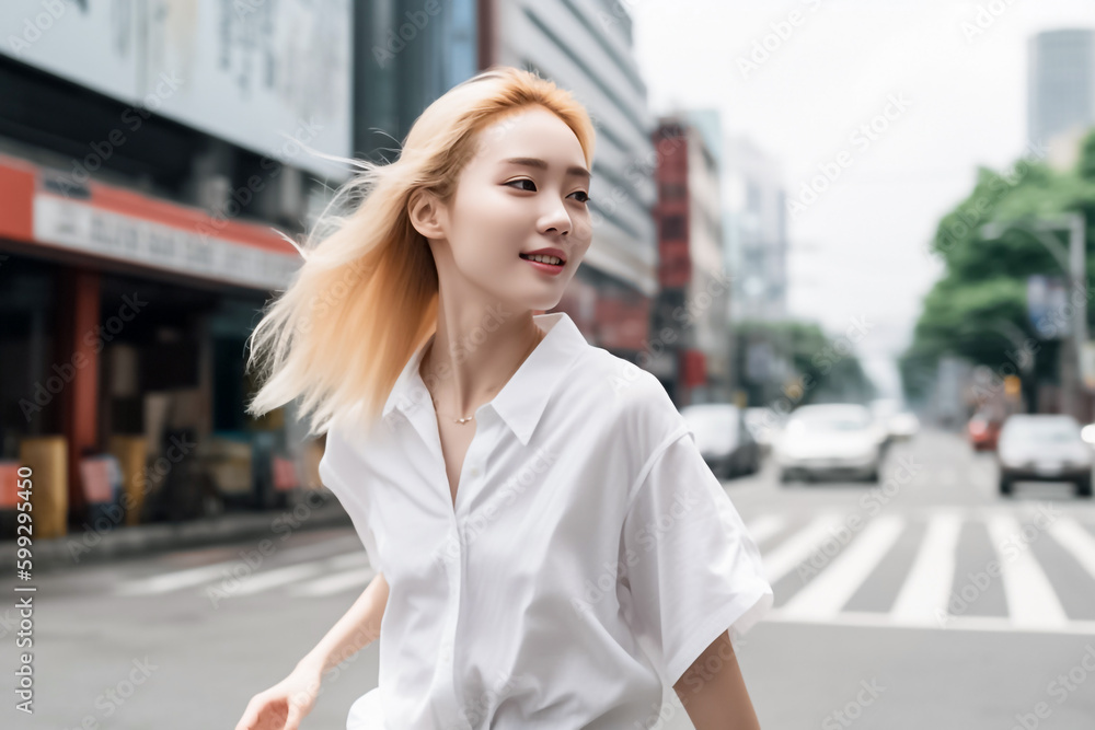 A beaming young woman with blonde hair and a minimalist shirt poses in front of a lively street, her infectious smile catching the eye. generative AI. A beaming young woman with blonde hair and a minimalist shirt poses in front of a lively street, her infectious smile catching the eye. generative AI.