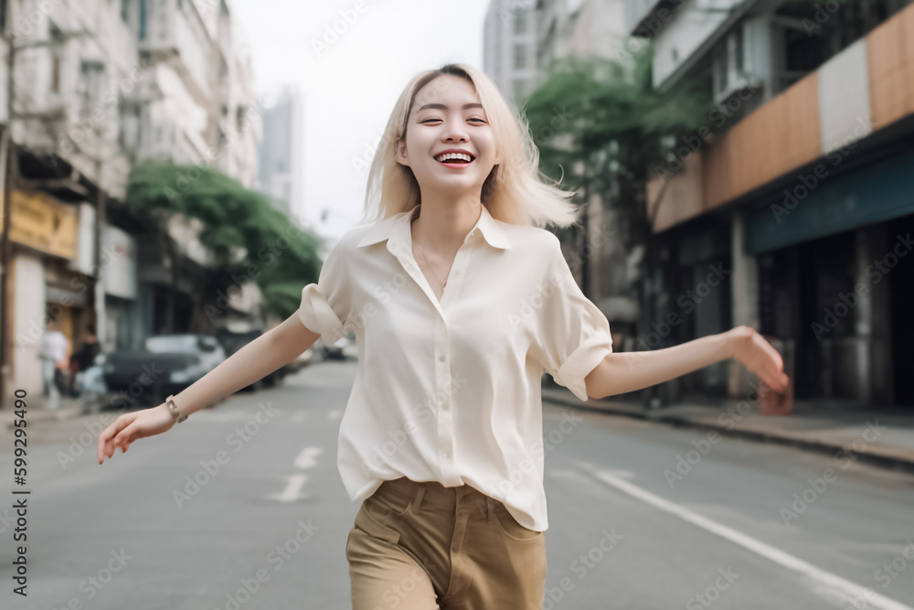 A beaming young woman with blonde hair and a minimalist shirt poses in front of a lively street, her infectious smile catching the eye. generative AI.