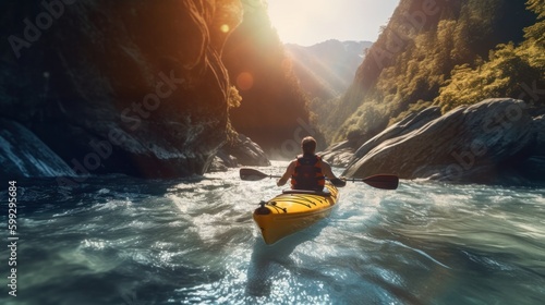 Back view man in kayak sails mountain river with sun light. Generative AI. © Pro Hi-Res