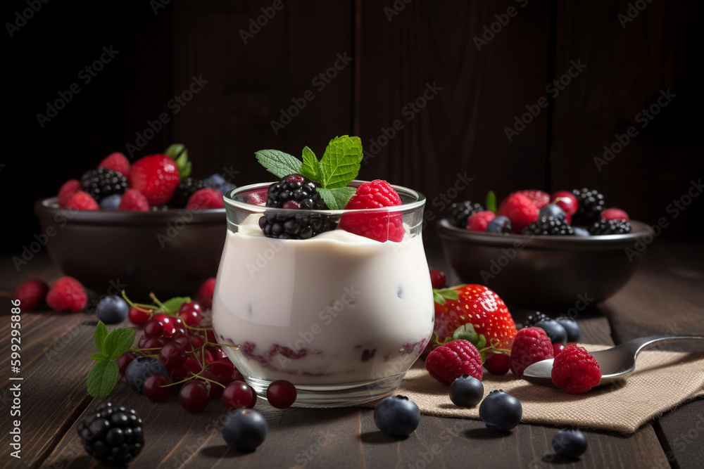 yogurt with berries. Healthy food and breakfast. AI Generated yogurt with berries. Healthy food and breakfast. AI Generated