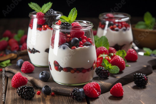 yogurt with berries. Healthy food and breakfast. AI Generated