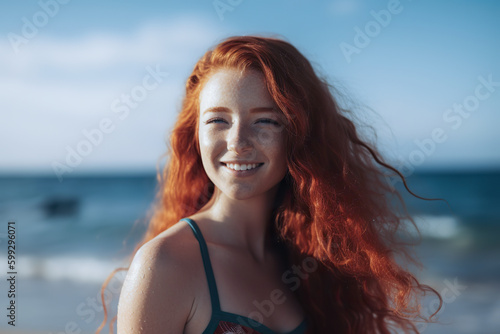 Illustration of a Woman with Flowing Red Hair Standing on a Serene Beach created with Generative AI technology © Nedrofly