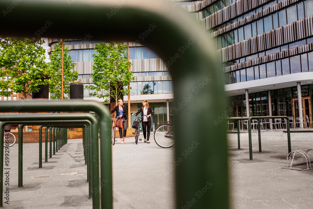 Two women with bicycles walking in city Two women with bicycles walking in city