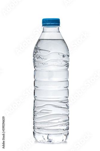 one half litre plastic water bottle with blue cap isolated on white backgroubd