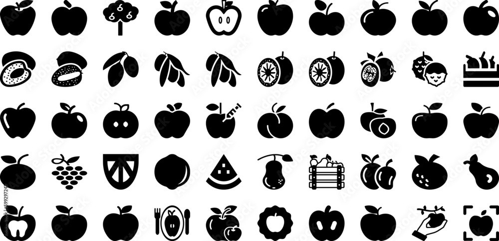 Obraz premium Fruit Icon Set Isolated Silhouette Solid Icons With Icon, Apple, Symbol, Vector, Illustration, Fresh, Food Infographic Simple Vector Illustration