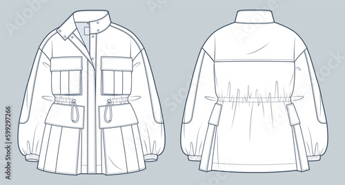 Parka Jacket technical fashion Illustration. Drawstring Jacket fashion flat technical drawing template, button closure, gusset pocket, oversize, front, back view, white, women, men, unisex CAD mockup.