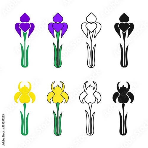 Iris flower vector set. Purple iris icon, flower shop logo