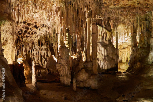Columns, stalactites and stalacmites in the Cuevas del Hams on the island of Majorca. Balearic Islands. Spain