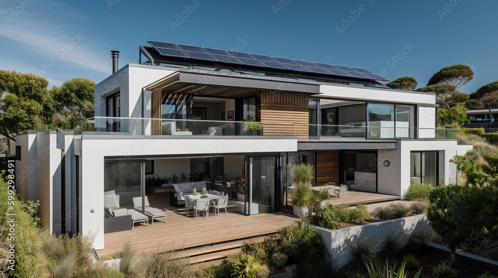 Modern House with Solar Panels from Aerial View