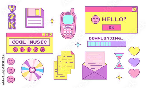 y2k trendy set of objects, old computer interface, retro pc elements, 1990s 2000s style, old phone, cd disk, pixel, heart, star, mail, nostalgia, vector illustration