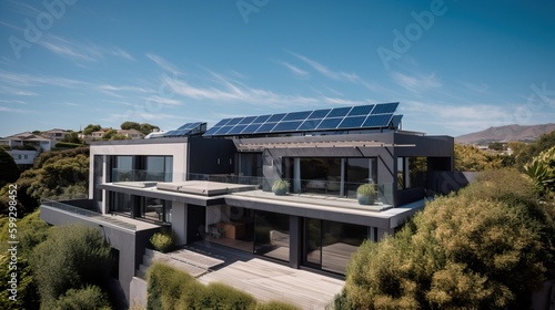 Modern House with Solar Panels from Aerial View