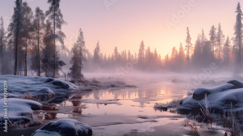 冬の朝の景色、雪景色   Winter morning scenery, snow scene ,Generative AI © happy Wu 