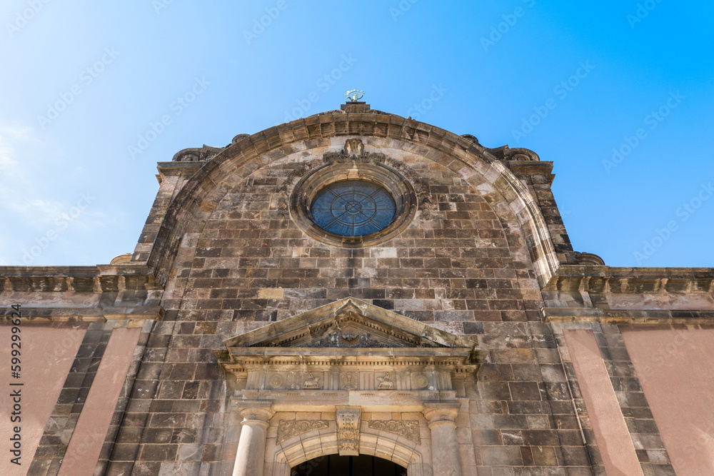 A detailed view of the facade of the Citadel Military Church, Barcelona, Spain