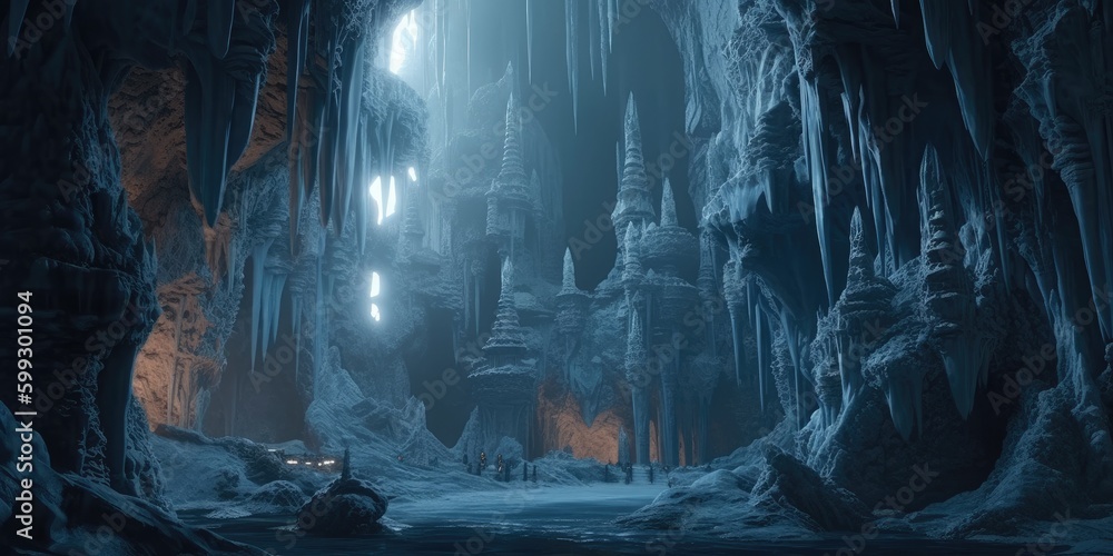 Naklejka premium fantasy ice caves deep underground - generative ai