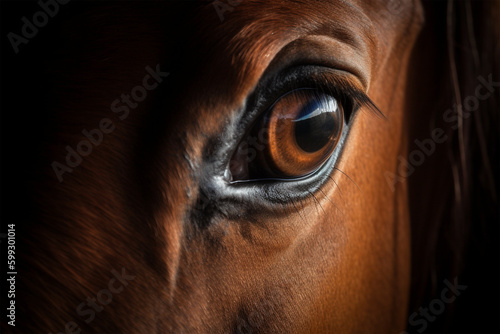 Close up of horse eye with long lashes of brown stallion. Generative AI illustration