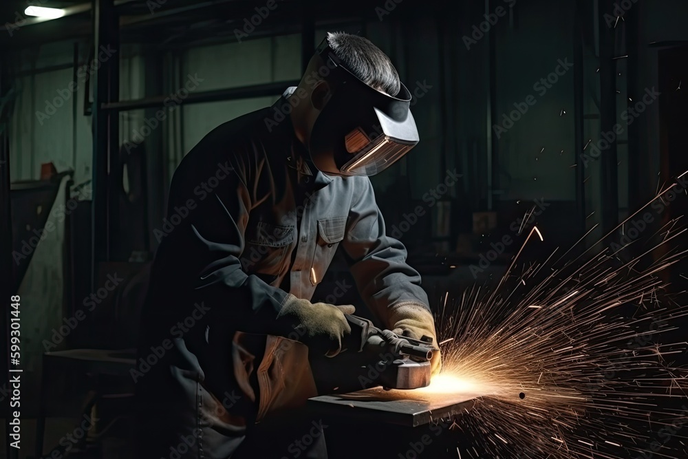 Worker making electric grinding wheel on steel structure in factory Metal processing with an angle grinder sparks in metal