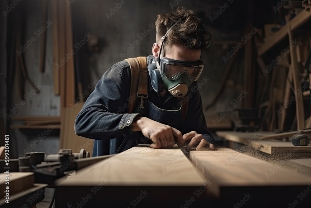Young man carpenter wearing a dust mask factory workers Skilled carpenter cutting wood in his woodworking workshop with copy space Young man carpenter wearing a dust mask factory workers Skilled carpenter cutting wood in his woodworking workshop with copy space