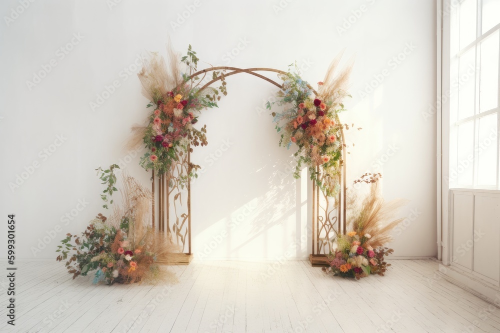 Fototapeta premium wedding backdrop aesthetic flower decoration indoor minimalist studio background AI Generated