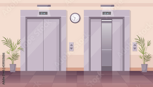 Elevator doors. Vector illustration of office or hotel hallway with open and closed elevator doors, clock, plants, floor indicator, cargo cabins. Lobby interior, corridor in house with lift. photo