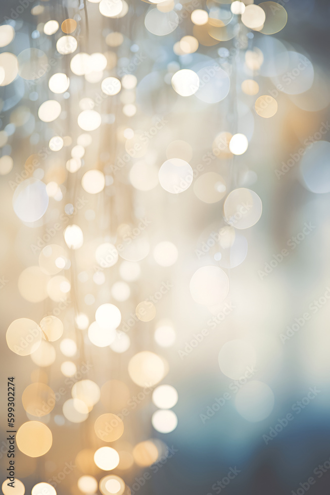 Obraz premium Shining blurred warm golden bokeh background with glitters and lights. Glowing holiday banner for christmas, new year and other celebrations with bokeh lights and copy space. Generative AI