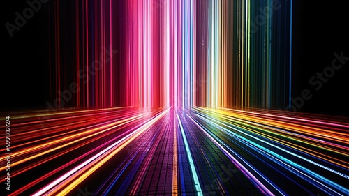 3d render, abstract panoramic neon, light speed background. Bright purple violet pink lines glowing in ultraviolet light, generative ai, futuristic path. 