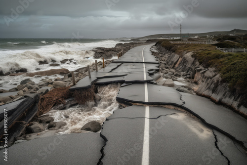El Nino related storm surge destroys coastal road. A powerful storm surge battering a coastal road, causing significant damage and erosion. Generative AI