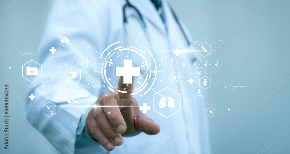 A medical worker touch medical cross shape and healthcare, Virus pandemic develop people awareness and spread attention on their healthcare in global. A medical worker touch medical cross shape and healthcare, Virus pandemic develop people awareness and spread attention on their healthcare in global.