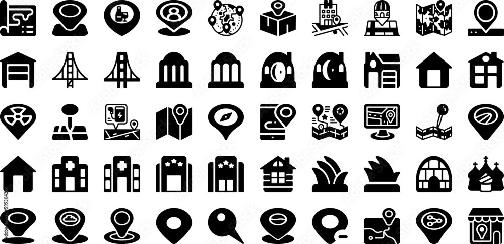 Place Icon Set Isolated Silhouette Solid Icons With Location, Flat, Icon, Symbol, Place, Sign, Vector Infographic Simple Vector Illustration