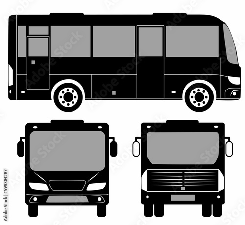 City bus silhouette with. Vehicle icons set the view from side, front and rear