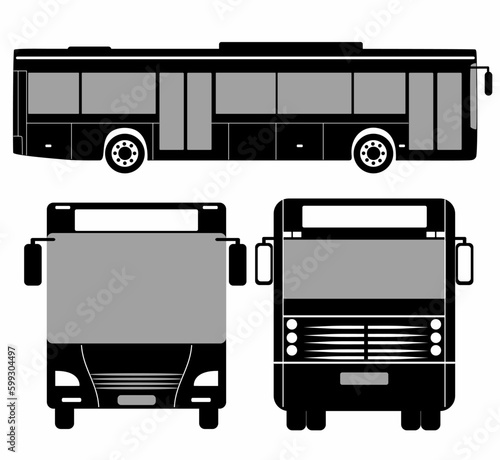City bus silhouette with. Vehicle icons set the view from side, front and rear