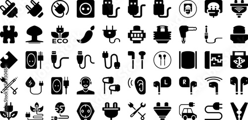Plug Icon Set Isolated Silhouette Solid Icons With Electric, Power, Energy, Icon, Sign, Cable, Plug Infographic Simple Vector Illustration