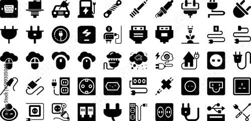Plug Icon Set Isolated Silhouette Solid Icons With Sign, Energy, Cable, Icon, Power, Electric, Plug Infographic Simple Vector Illustration