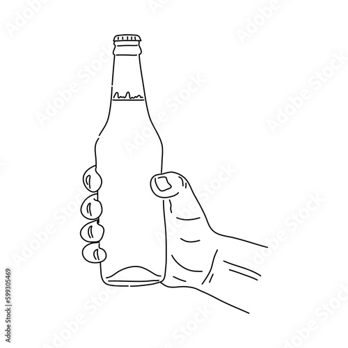 Hand holding a bottle of beer. Hand drawn vector illustration.