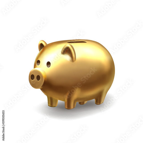 Gold piggy Bank. Golden realistic pig, saving money. Vector 3d