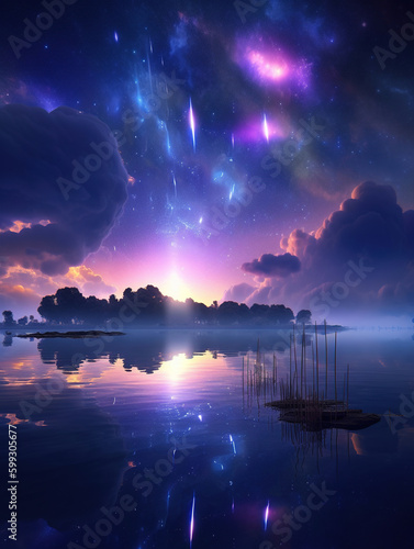 Mystic Foggy River Water Surreal Space Landscape. Surreal landscape reflecting on river water in space. Generative AI. 