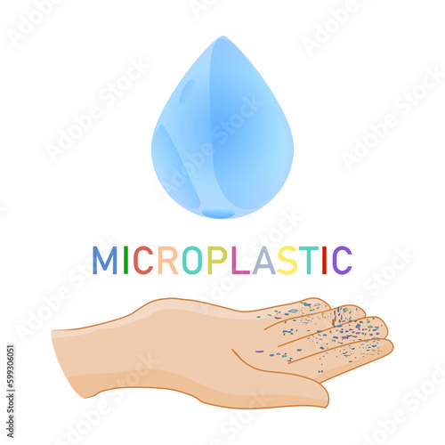 Water drop and hand with microplastic. Small plastic pellets on hand. Micro plastic on fingers. Ocean pollution ecology problem. Drinking water pollution. Mismanaged plastic waste. Vector illustration