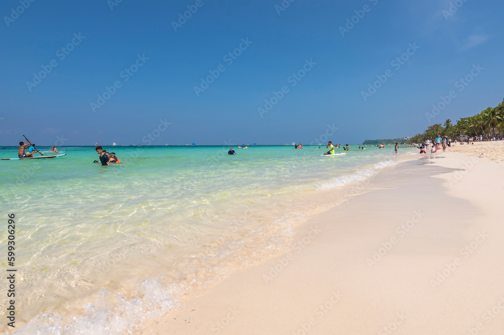 Boracay, Malay, Aklan, Philippines - April 2023: Station 3, part of White Beach in Boracay Island. Boracay, Malay, Aklan, Philippines - April 2023: Station 3, part of White Beach in Boracay Island.