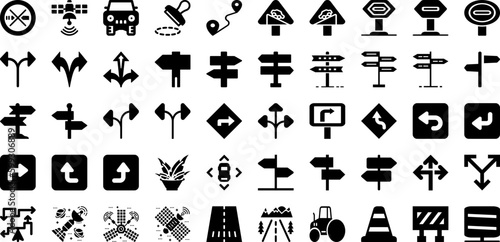 Road Icon Set Isolated Silhouette Solid Icons With Sign, Road, Travel, Symbol, Icon, Map, Direction Infographic Simple Vector Illustration