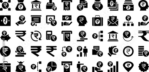 Rupee Icon Set Isolated Silhouette Solid Icons With Finance, Icon, Money, Currency, Business, Symbol, Rupee Infographic Simple Vector Illustration