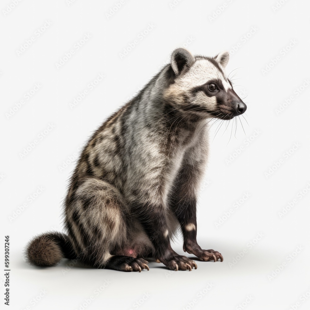 Obraz premium animal, raccoon, cat, isolated, mammal, ferret, pet, kitten, white background, wildlife, sitting, white, fur, domestic, isolated on white, nature, wild, young, standing, baby, cute, looking, polecat, 