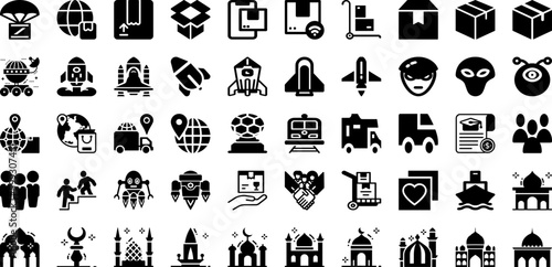 Ship Icon Set Isolated Silhouette Solid Icons With Icon, Ship, Set, Delivery, Symbol, Shipping, Transportation Infographic Simple Vector Illustration